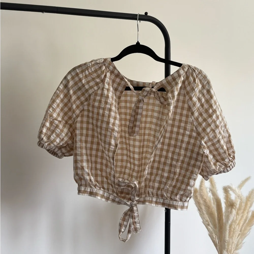 Nordstrom BP Gingham Puff Sleeve Crop Top - Size small - Picture 2 of 5